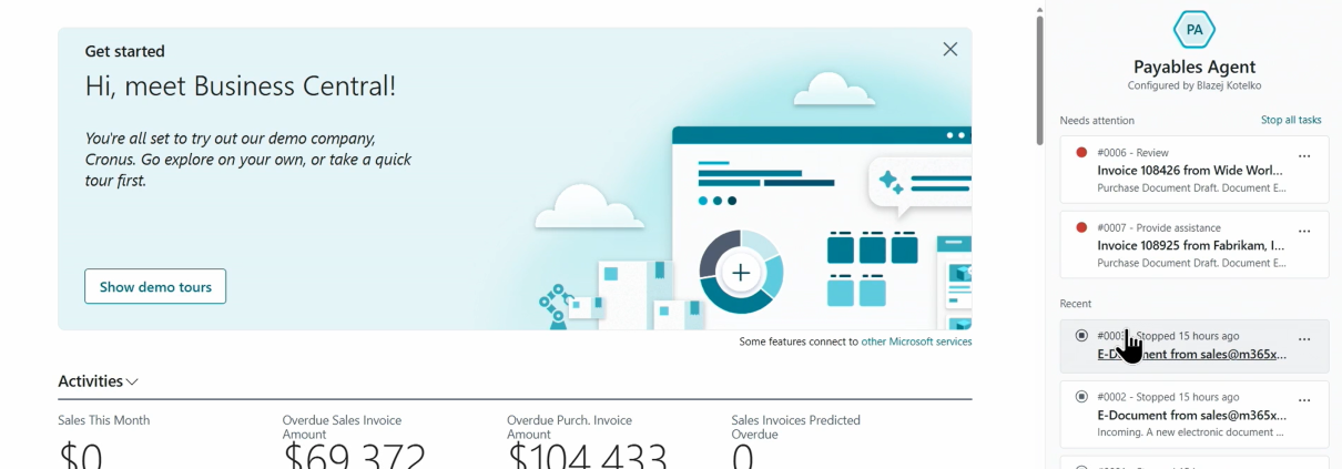 Dynamics 365 Business Central dashboard with AI and productivity features