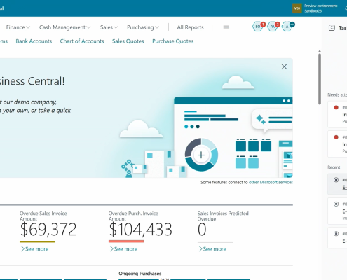 Dynamics 365 Business Central dashboard with AI and productivity features