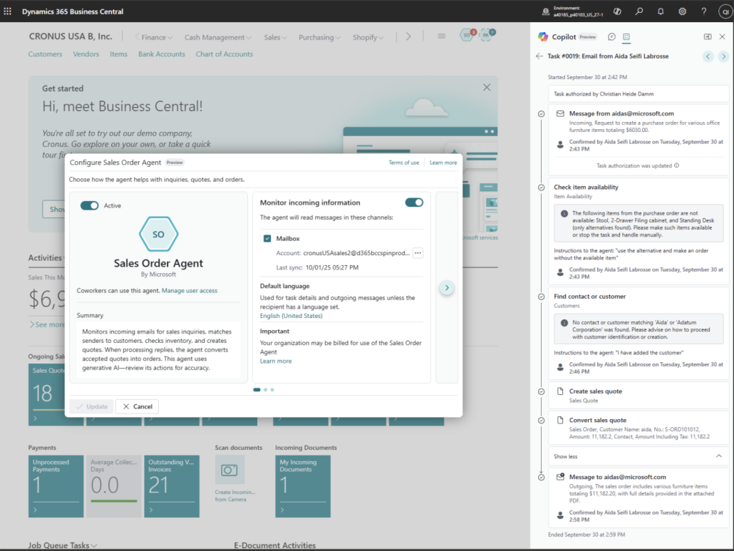 Sales Order Agent in Dynamics 365 Business Central for faster order processing