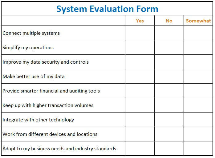 ERP System evaluation table form for Malaysian business to evaluate potential ERP applications.
