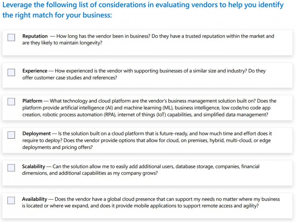 list of consideration in evaluating vendors